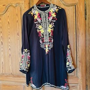 Johnny Was Black Tunic with Yellow and Pink Floral Embroidery